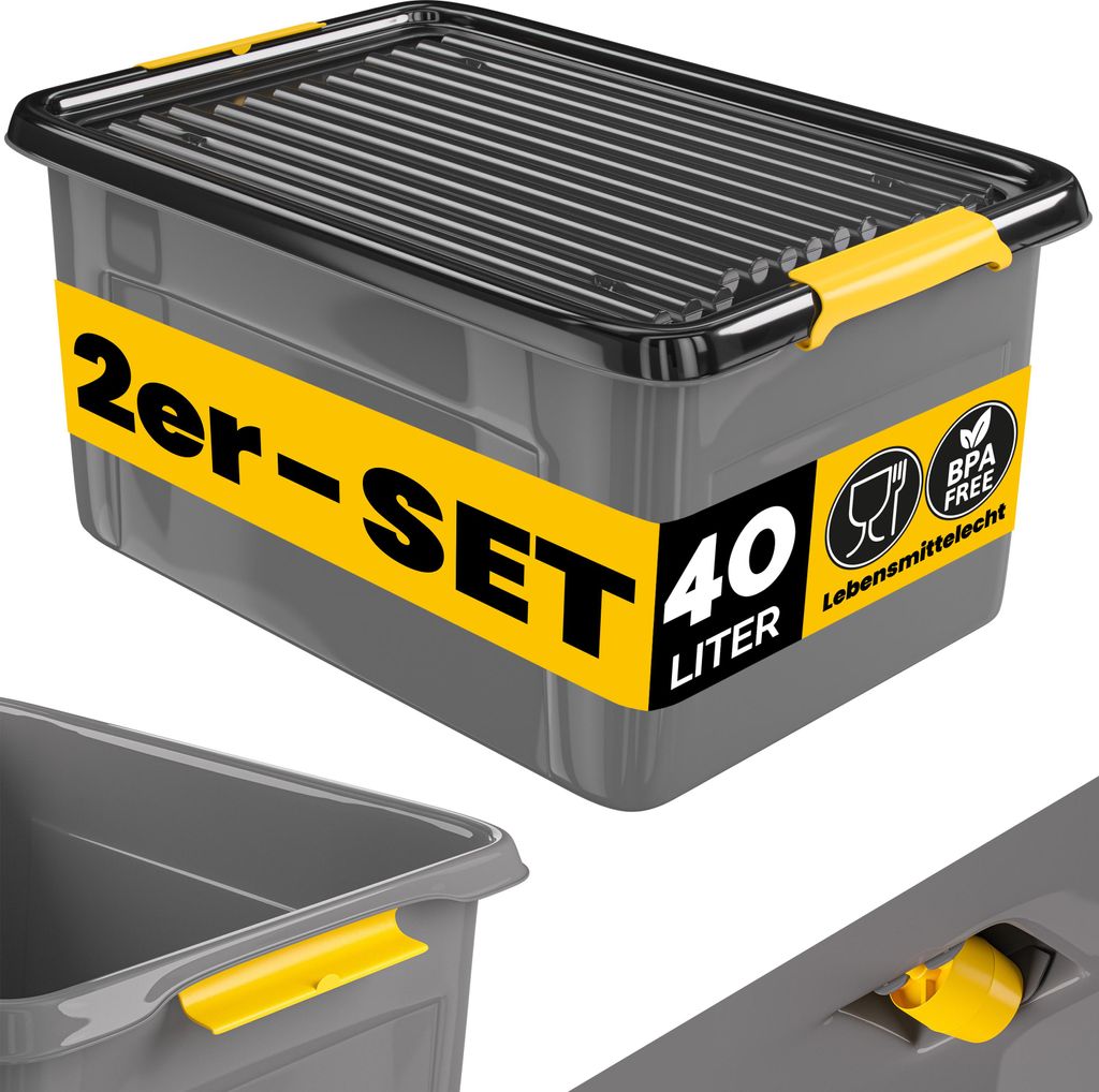 MONZANA 2x Aufbewahrungsbox 40L mit Deckel 40kg belastbar Kunststoff BPA frei Klickverschluss stabil flexibel stapelbar blickdicht Keller Garage Box