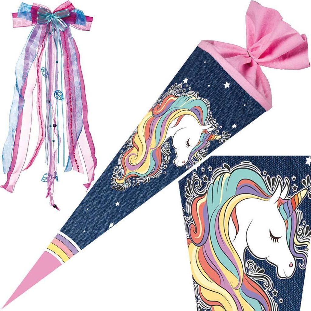 Nestler Schultüte Einhorn Unicorn 70 cm mit / ohne Schleife, Motiv / Ausführung:Regenbogenmähne - mit Schleife