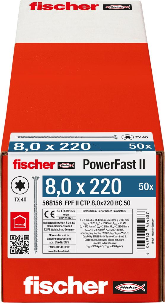 Holzbauschraube PowerFast II 8,0x220 Senkkopf TX (50 Stück, Teilgewinde, verzinkt)