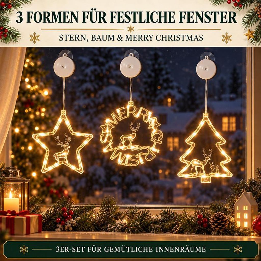 Weihnachtsbeleuchtung Fenster 3er Set, LED Dekolicht warmweiß, Stern Baum Rentier, mit Saugnapf für Weihnachtsdeko