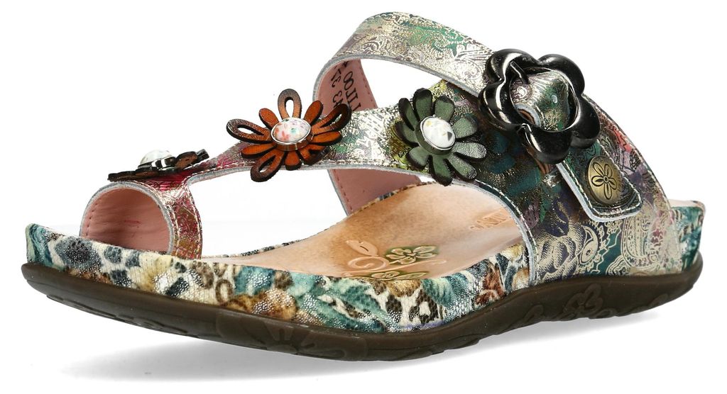 Laura Vita Damen Pantoletten Zehenriemen Retro Blumenschnalle LILOO 43, Größe:38 EU, Farbe:Beige