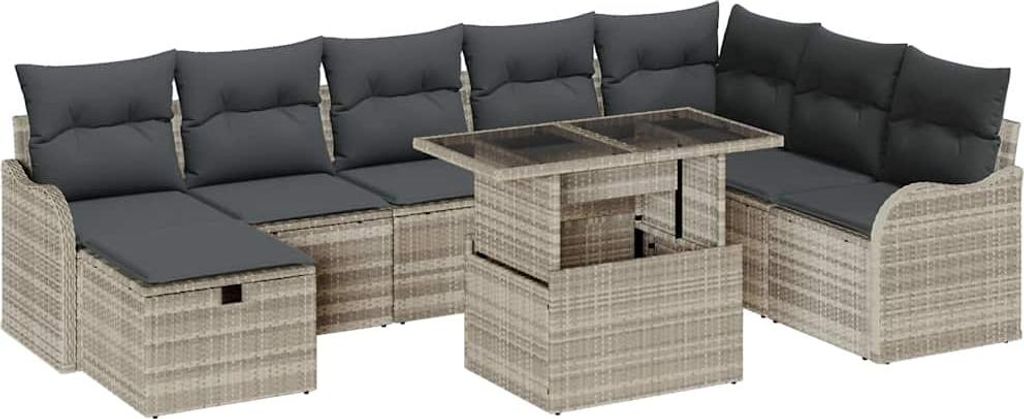 Garten-Sofa-Set mit Kissen 9 pcs Hellgrau Poly Rattan