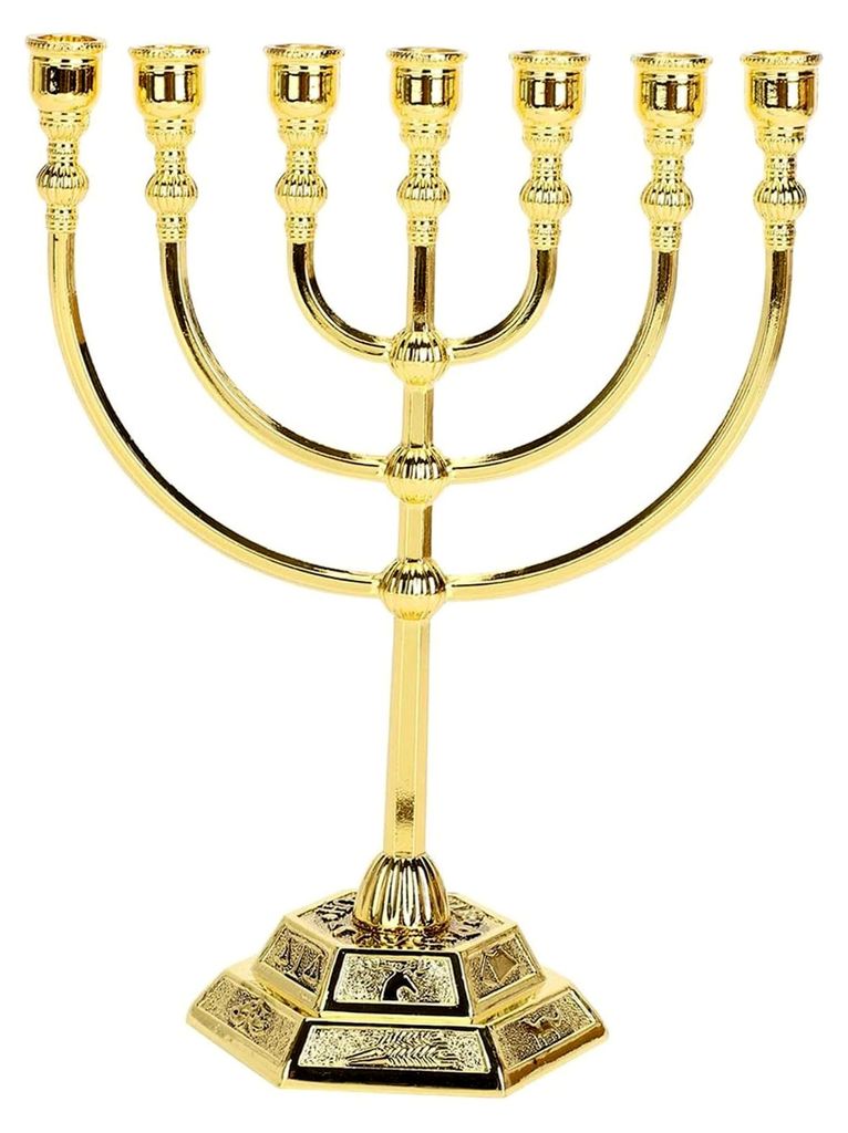 Chanukka-Menora, 7-armiger Kerzenhalter mit 12 Stämmen Israels, aus Zinklegierung mit stabiler Basis für Wohn- und Arbeitsräume, goldener Chanuk...