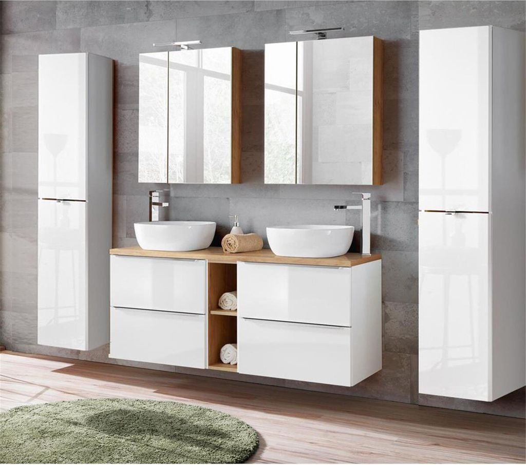 Badmöbel Set mit Doppel-Waschbecken inkl. 2 Keramik-Aufsatzbecken TOSKANA-56 Hochglanz weiß/Wotaneiche BxHxT ca. 250/190/46cm