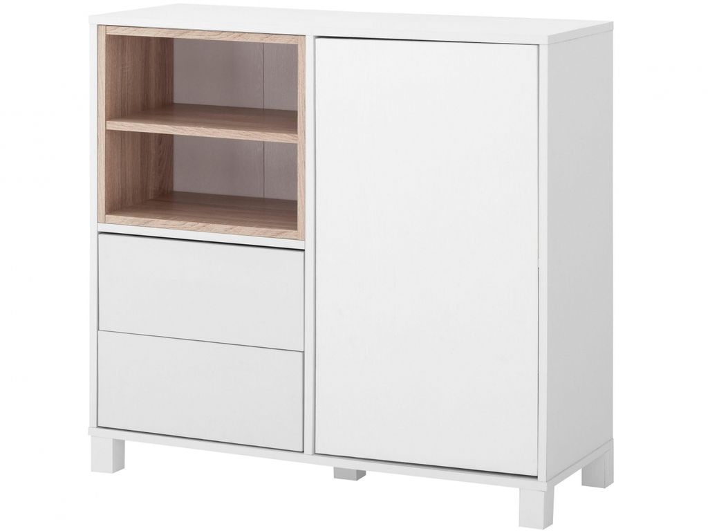 Paula | Kommode mit 1 Tür und 2 Schubladen in Weiß / Eiche MDF