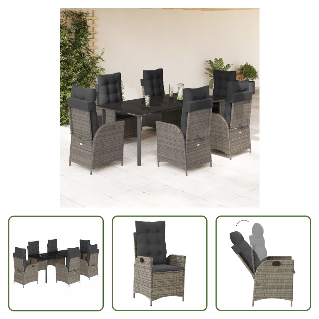 The Living Store 7-tlg. Garten-Essgruppe mit Kissen Grau Poly Rattan