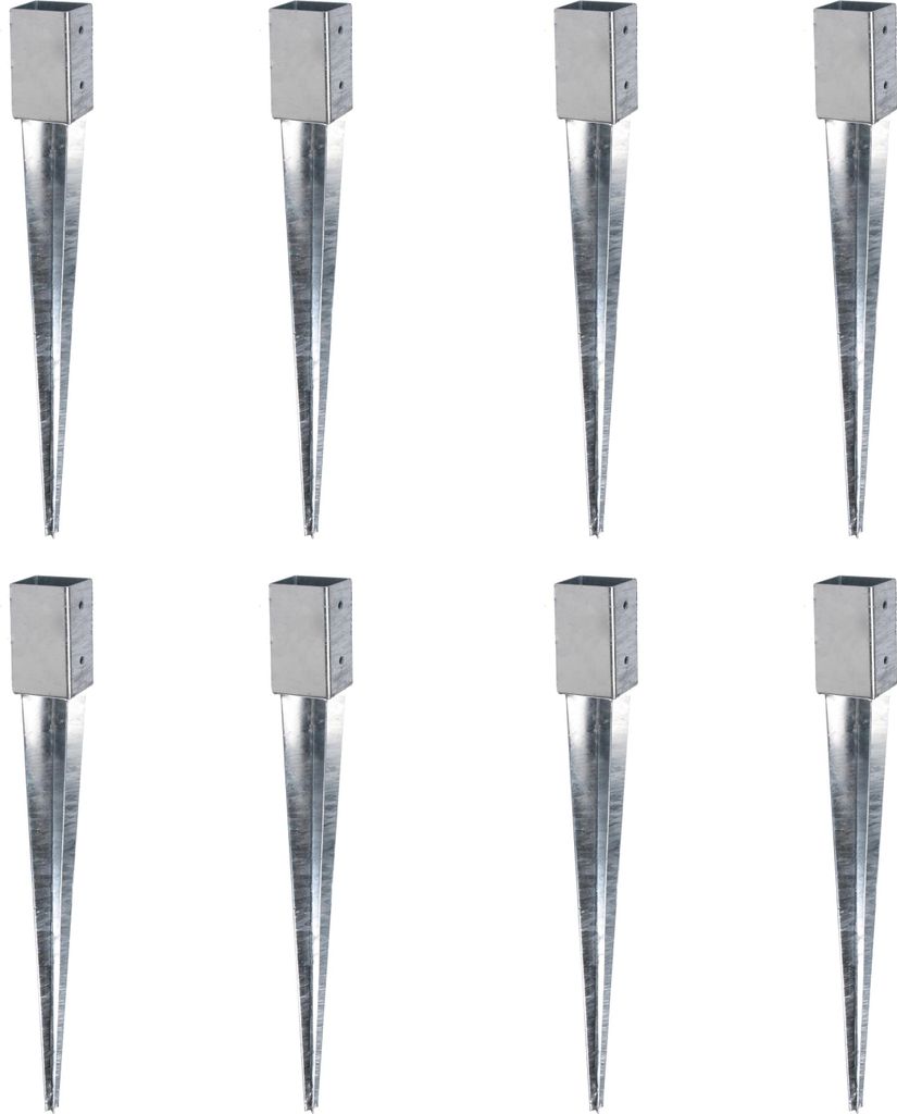Eight metal ground sleeves for wooden posts are arranged in two rows of four on a white background.