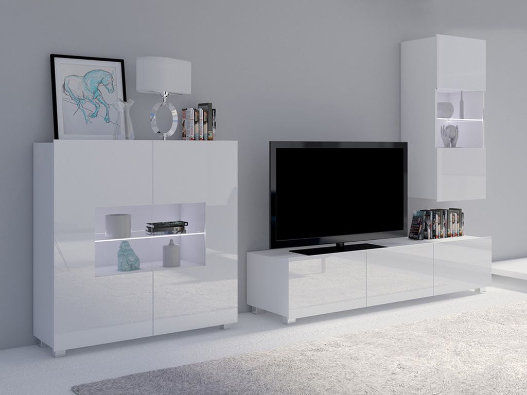 Wohnzimmer-Set CALABRINI-7 Wohnwand Hängewohnwand Schrankwand mit LED-Beleuchtung TV-Schrank Vitrine Kommode Moderne Anbauwand Hochglanz (Weiß)