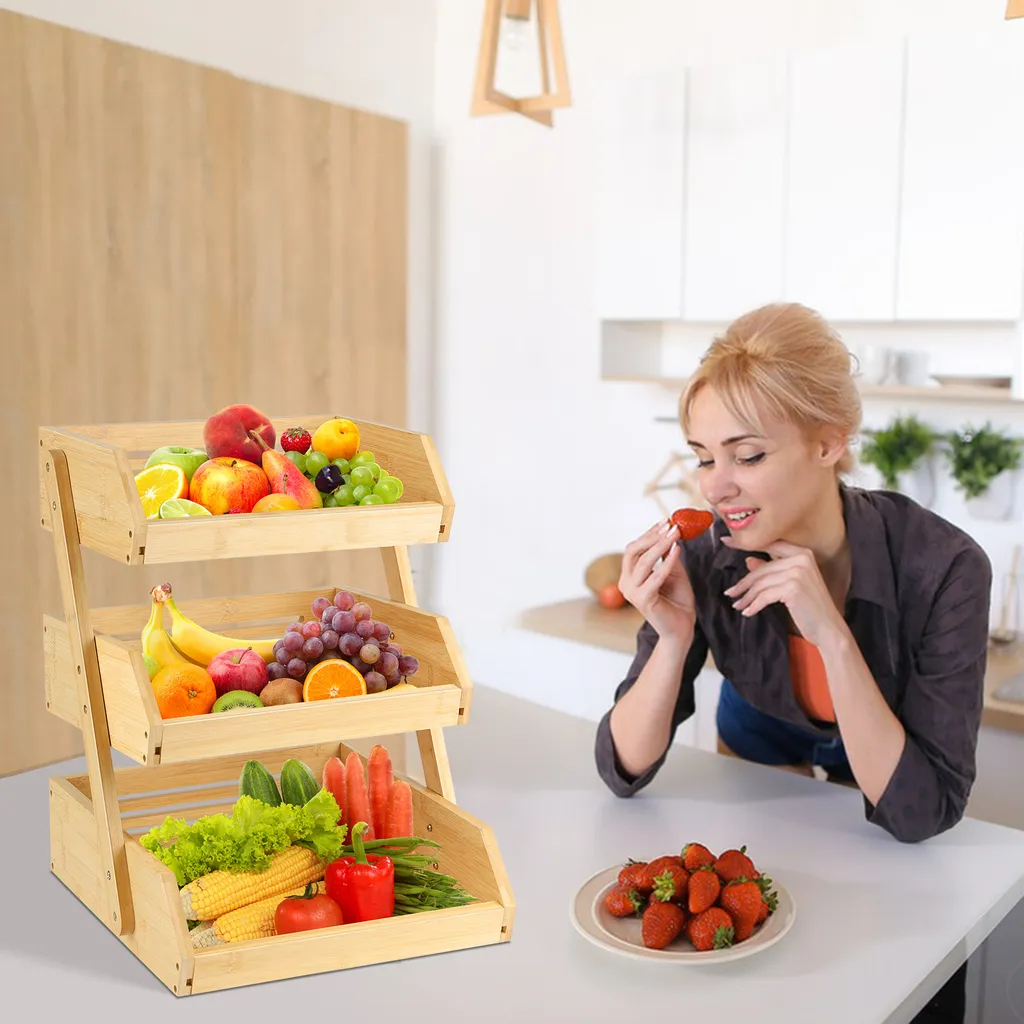 Panier à fruits en bambou 3 étages pour cuisine - Rangement 30x33x41cm