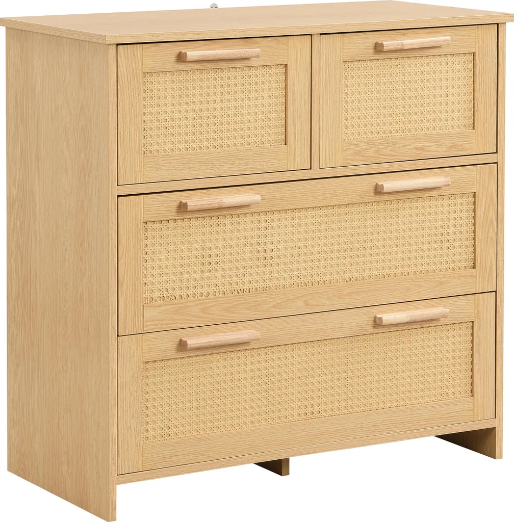 Armoire rotin et bois massif - Meuble de rangement 4 tiroirs Premium