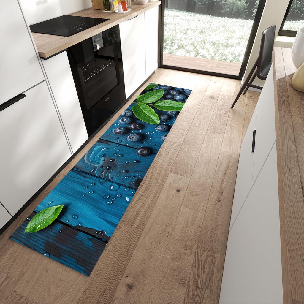 Küchenteppich 60x240cm rutschfest & abwischbar PVC Läufer - Blaubeeren auf Holz