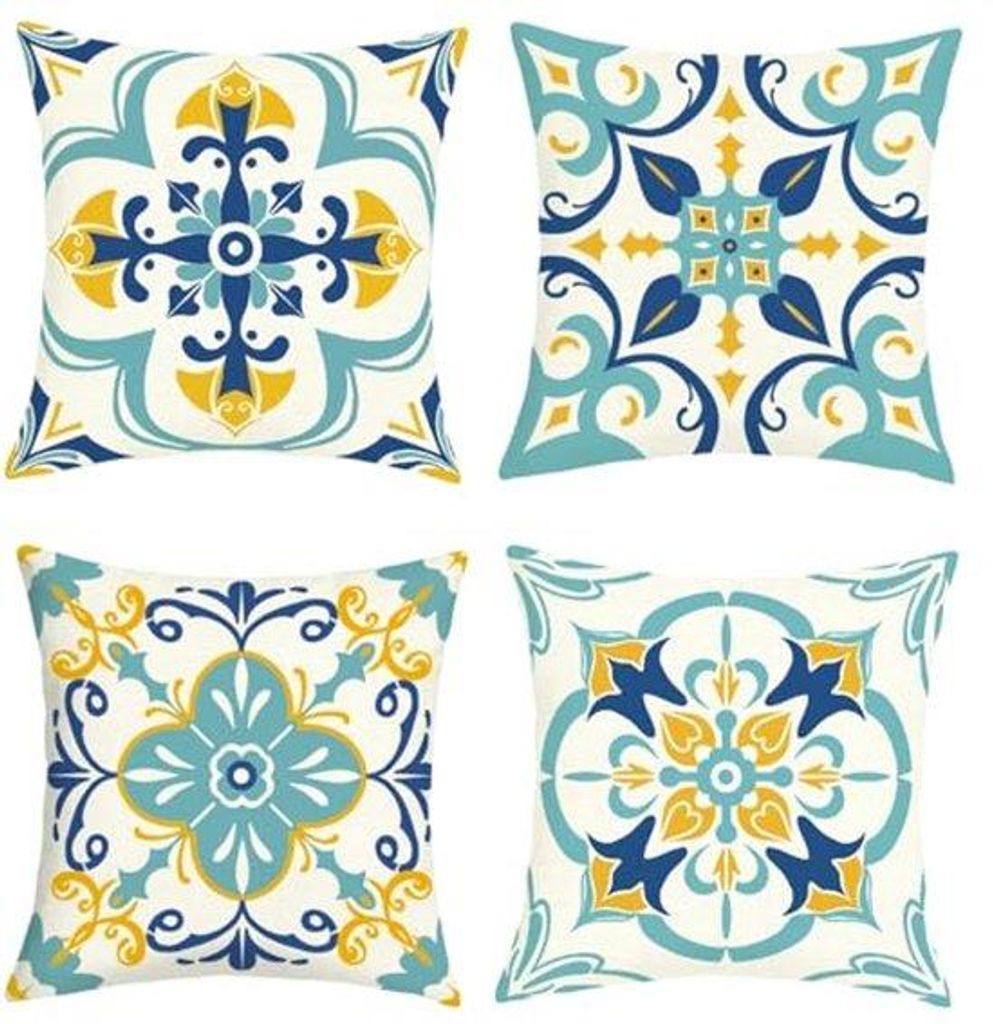 Ultiluxe Kissenhüllen - 4er Set - Dekokissenbezüge - 45 x 45 cm - Polyester Leinen - Marokkanisches geometrisches Design - Blau