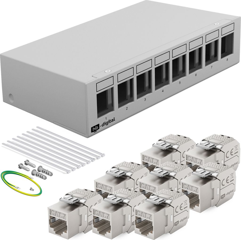 hb-digital Patch Box 8 Port mit 8 x Keystone Module Cat 7 hellgrau