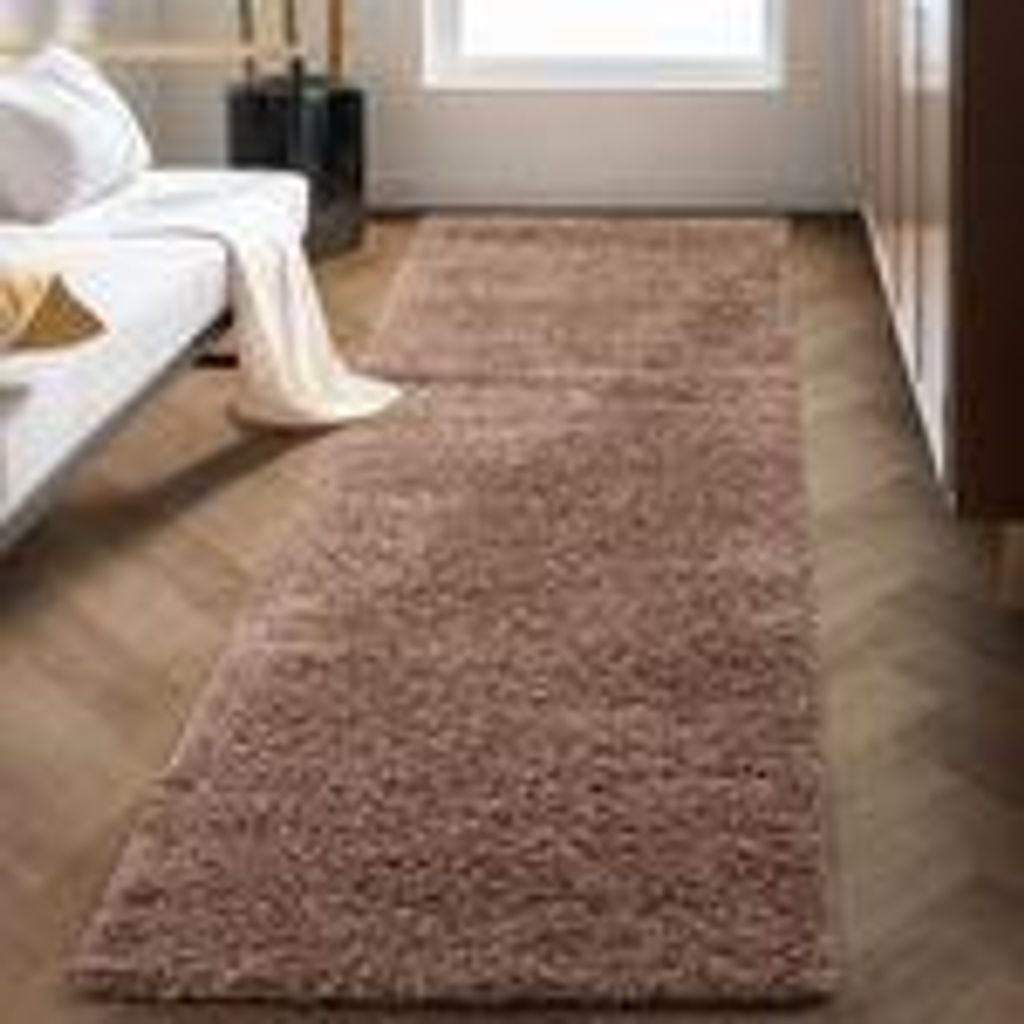 Teppich Wohnzimmer Hochflor Einfarbiges Design Langflor Shaggy Modern Flauschig, Größe: 80 x 250 cm, Farbe: Mokka