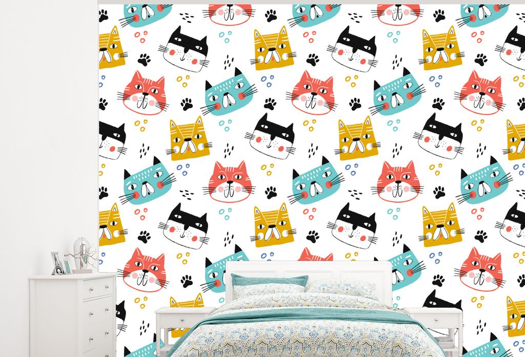 MuchoWow Fototapete für Wohnzimmer oder Schlafzimmer Wandtapete Vinyl Motivtapete Jungen - Muster - Katzen - 325x260 cm - Tapete