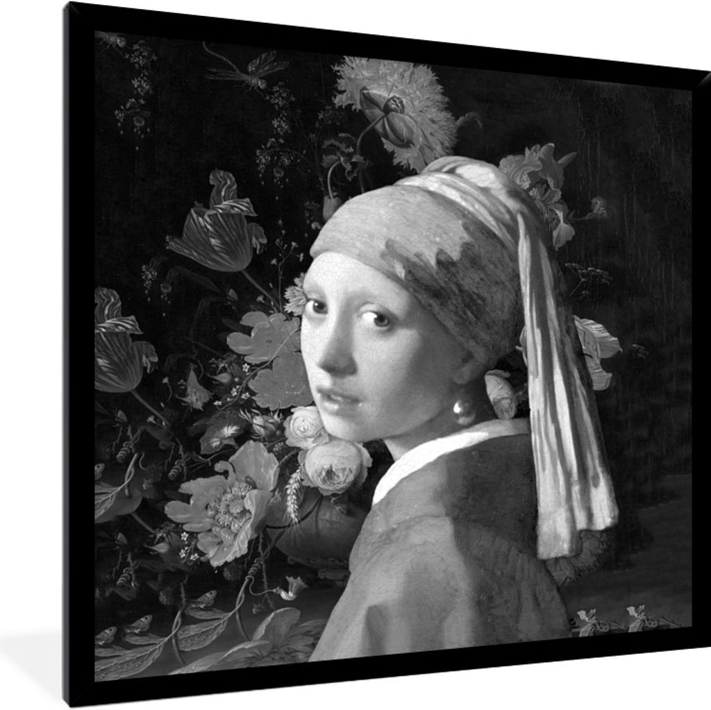 MuchoWow Gerahmtes Poster Das Mädchen mit dem Perlenohrring - Johannes Vermeer - Schwarz und weiß 40x40 cm - Poster mit Schwarzem Bilderrahmen ...