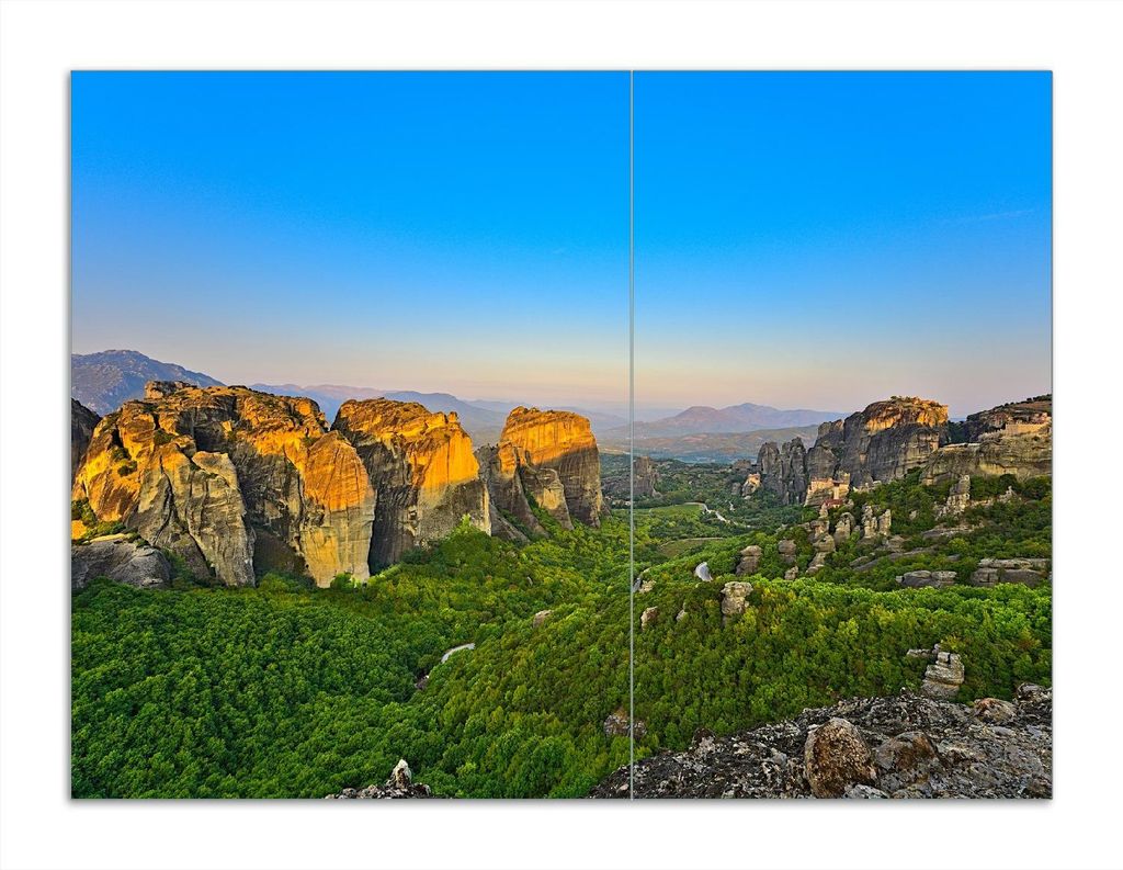 Wallario Herdabdeckplatte aus Glas, Größe 70 x 52 cm 2-teilig, Motiv Griechische Berglandschaft