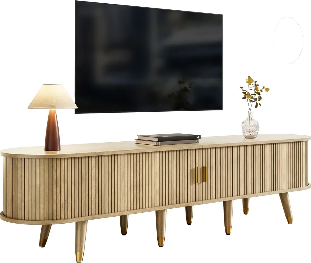Meuble TV Fortuna Lai avec portes coulissantes en bois chêne clair