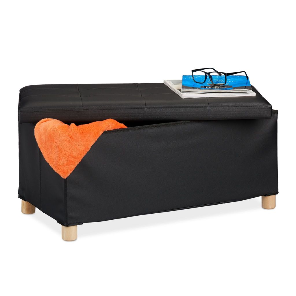 Hocker mit Stauraum - Kunstleder - 35x76x37 cm - Sitzbank Flur - Schwarz