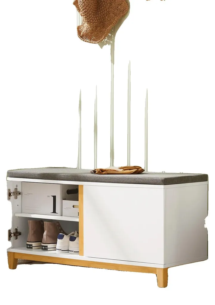 Banc à chaussures blanc assise rembourrée et étagères de rangement