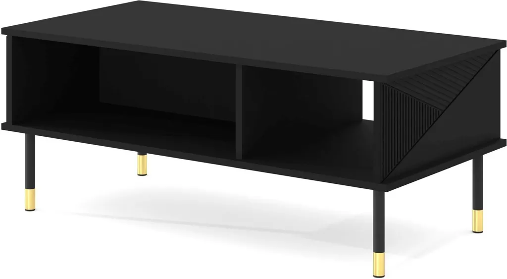 Table basse noire mate Woody Black avec façades en relief chic 110cm