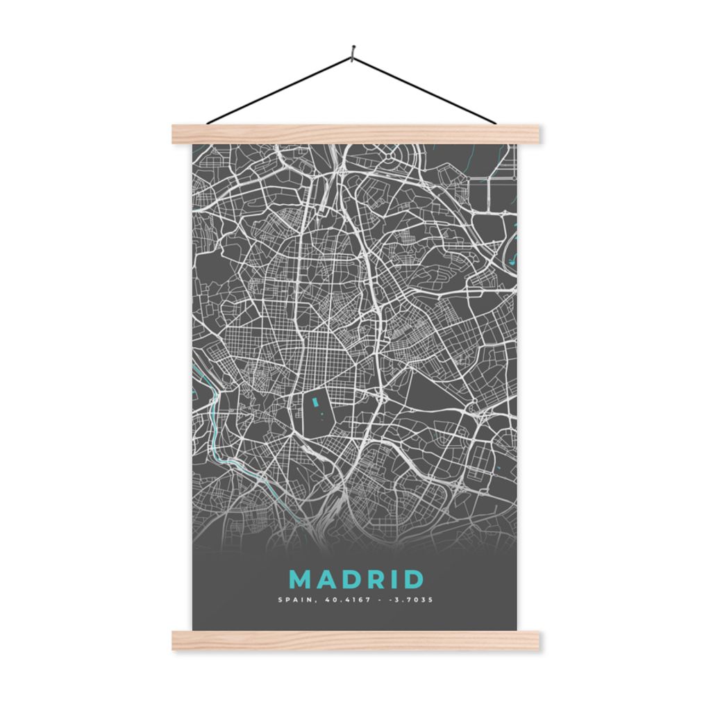 MuchoWow Textilposter Madrid - Blau - Karte - Stadtplan 40x60 cm mit holzfarbenen Rahmen - Poster