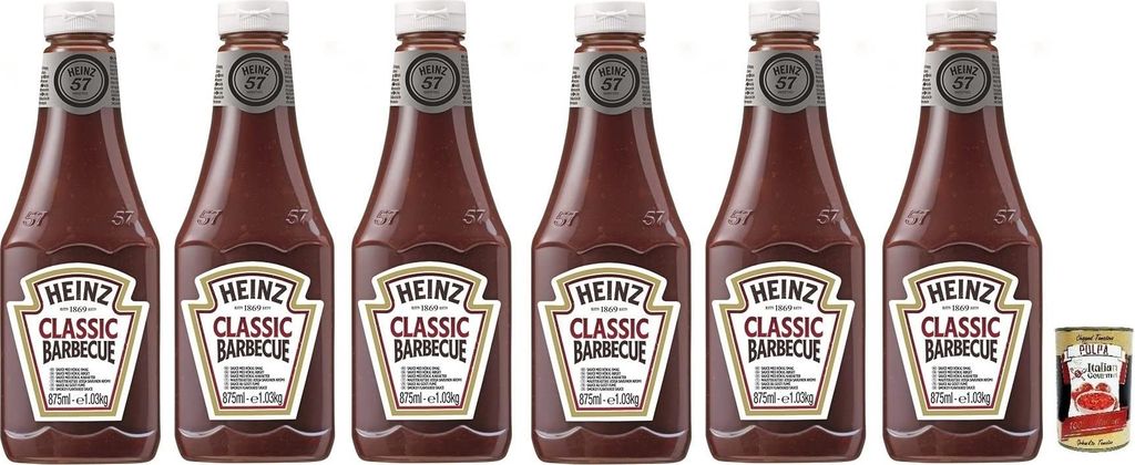 6x Heinz Salsa Barbecue BBQ Sauce,Sauce mit Rauchigen Geschmack,875ml Squeeze Flasche + Italian Gourmet Polpa di Pomodoro 400g Dose