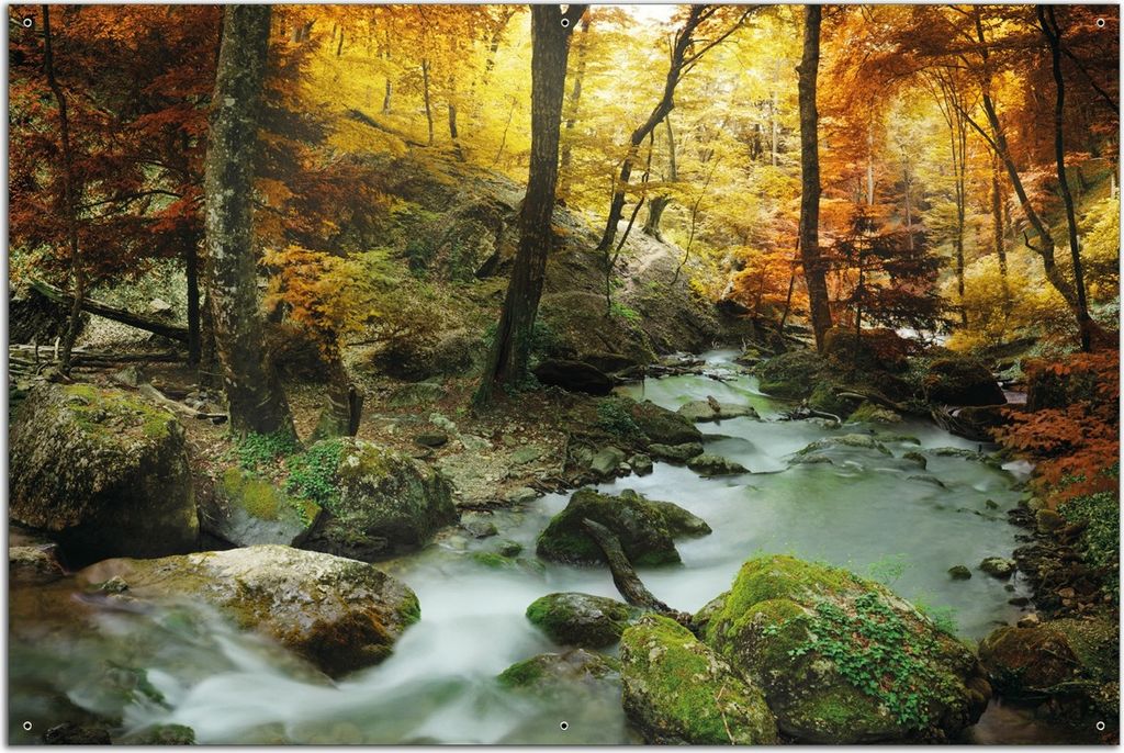 Wallario Outdoor-Poster für Garten oder Balkon, Motiv Wasserfall mit moosbedeckten Steinen im Herbstwald, in ca. 61 x 91,50 cm