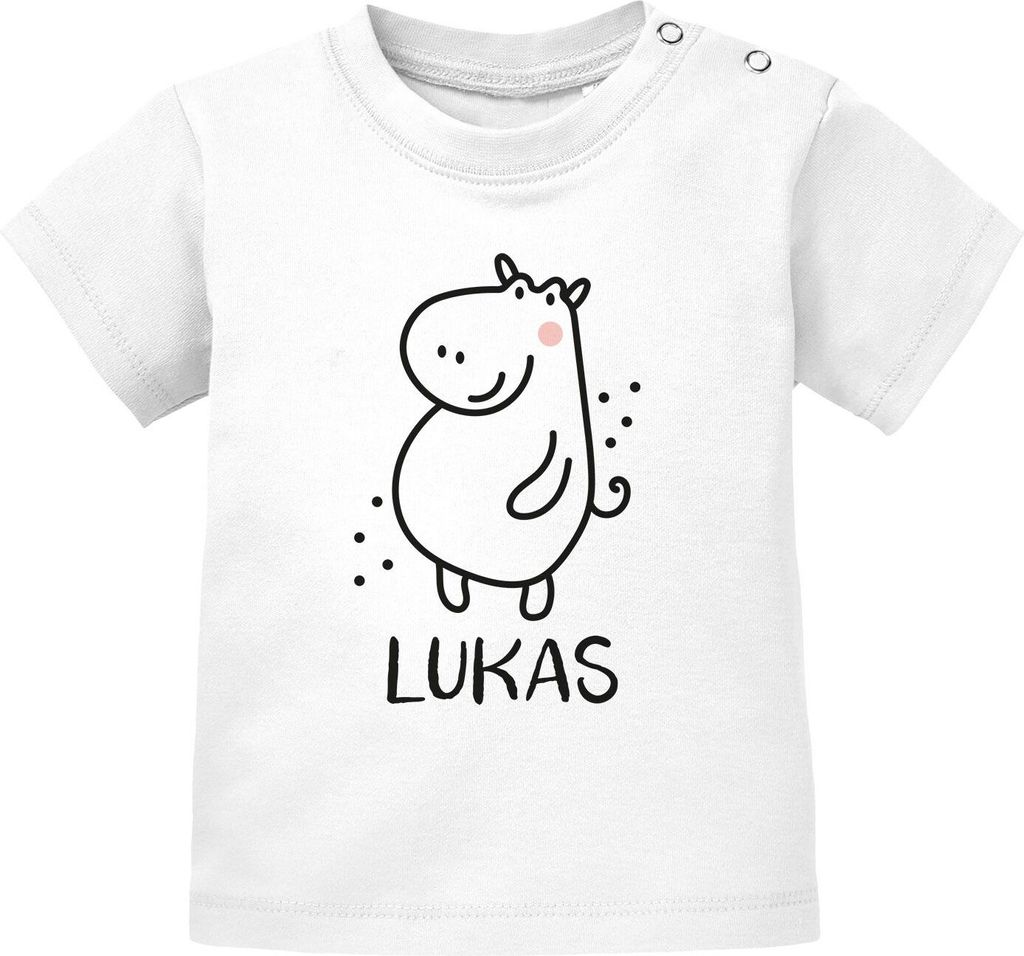Baby T-Shirt mit Namen personalisiert Nilpferd lustige Zoo-Tiere Strichzeichung kurzarm Baumwolle SpecialMe Hippo weiß 56/62 (1-3 Monate)