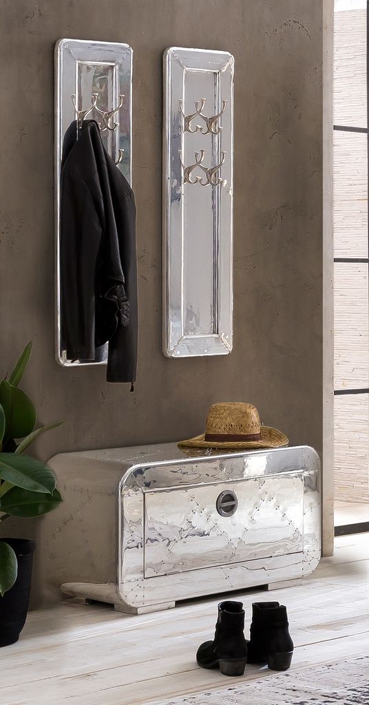 SIT Möbel Dielen-Set | 3-tlg. | 1 Schuhschrank, 2 Garderobenpaneele | Mangoholz + MDF mit Alu beschlagen | silber | B 85 x T 40 x H 45 cm | 18000-...