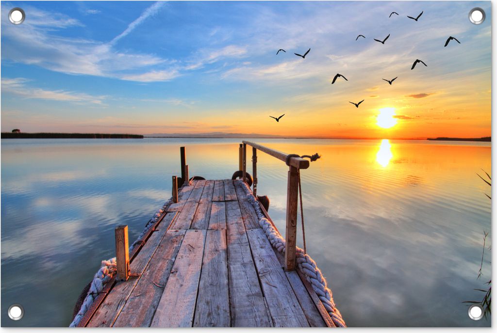 MuchoWow 60x40 cm Outdoor-Poster Gartendeko Sichtschutz Garten Poster für den Garten Wasser - Steg - Vögel - Sonnenuntergang - Horizont