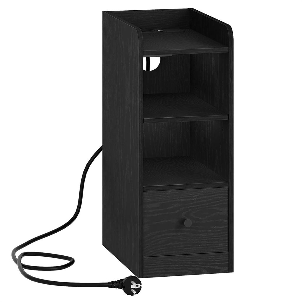 Nachttisch mit Schubladen und Ablageflächen, USB- und Typ-C-Ladestation, dreilagige Aufbewahrung, schmaler Beistelltisch für Schlaf- oder Wohnzimmer