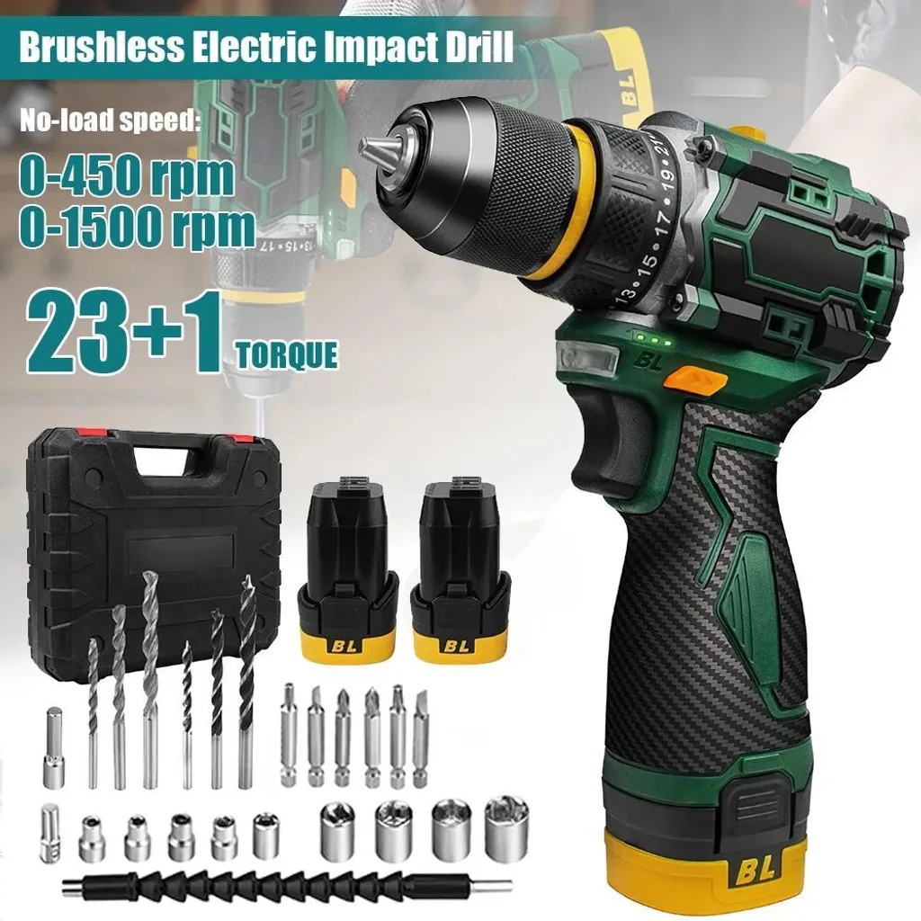 Trapano Avvitatore Brushless 21V | 23+1 Coppia e Doppia Batteria Nero