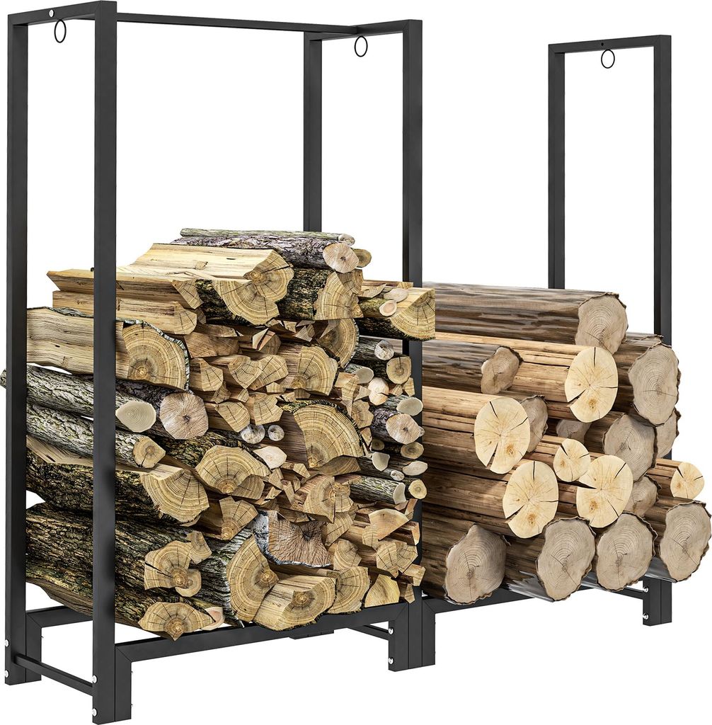 Outsunny Kaminholzregal 123 x 32 x 115 cm Brennholzregal mit zwei Abschnitte, drei Haken, Feuerholzregal für Outdoor, Indoor, bis 200 kg, Stahl