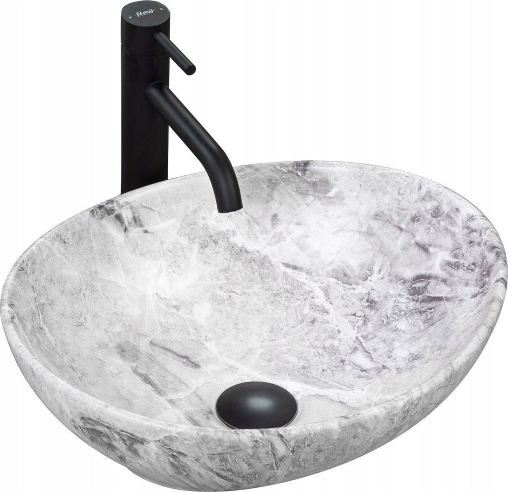 A grey oval basin with a black faucet, presented on a white background.