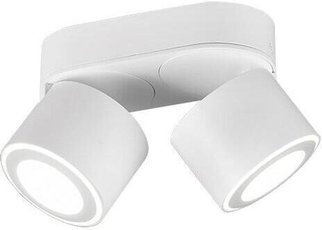 A white ceiling light with two adjustable spotlights.
