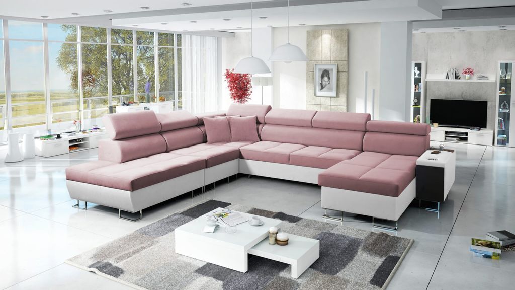 Kaiser Möbel Großer multifunktionaler Eckschrank Morena X, Kunstleder/Uttario Velvet Weiß/Rosa Rechts