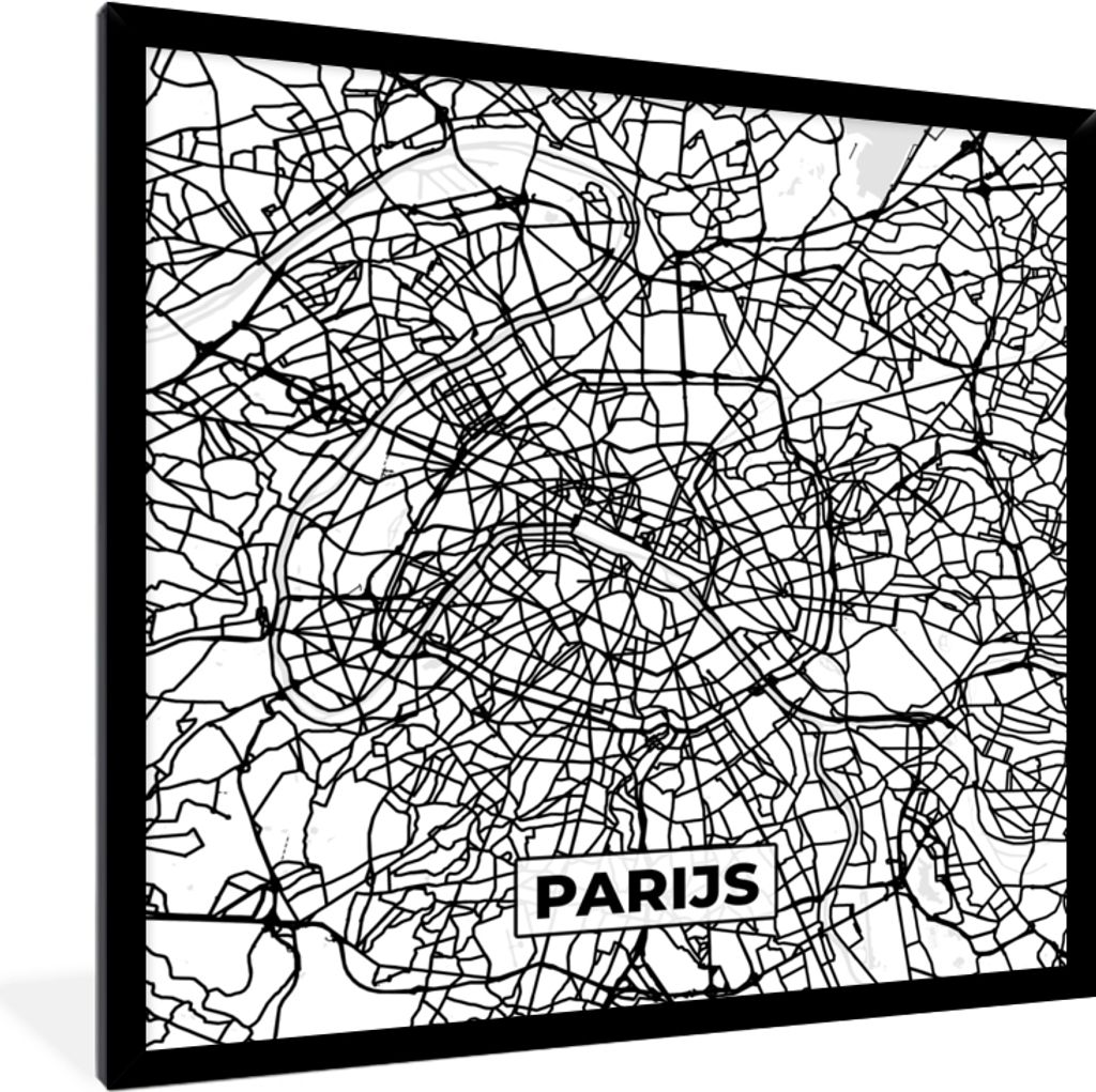 MuchoWow Gerahmtes Poster Stadtplan - Paris - Schwarz und weiß - Karte 40x40 cm - Poster mit Schwarzem Bilderrahmen Wandposter Rahmen Foto Bilde...