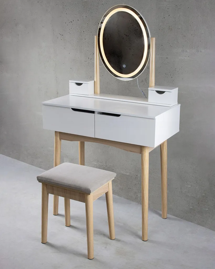 JUMI Coiffeuse Blanche avec Miroir LED SCANDI et Tabouret Style Loft