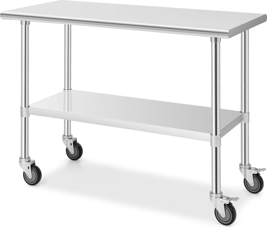 GOPLUS Edelstahltisch mit 4 Universalrädern, Multifunktionaler Küchentisch mit großer Tischplatte & Höhenverstellbarer Ablage, Arbeitstisch fü...