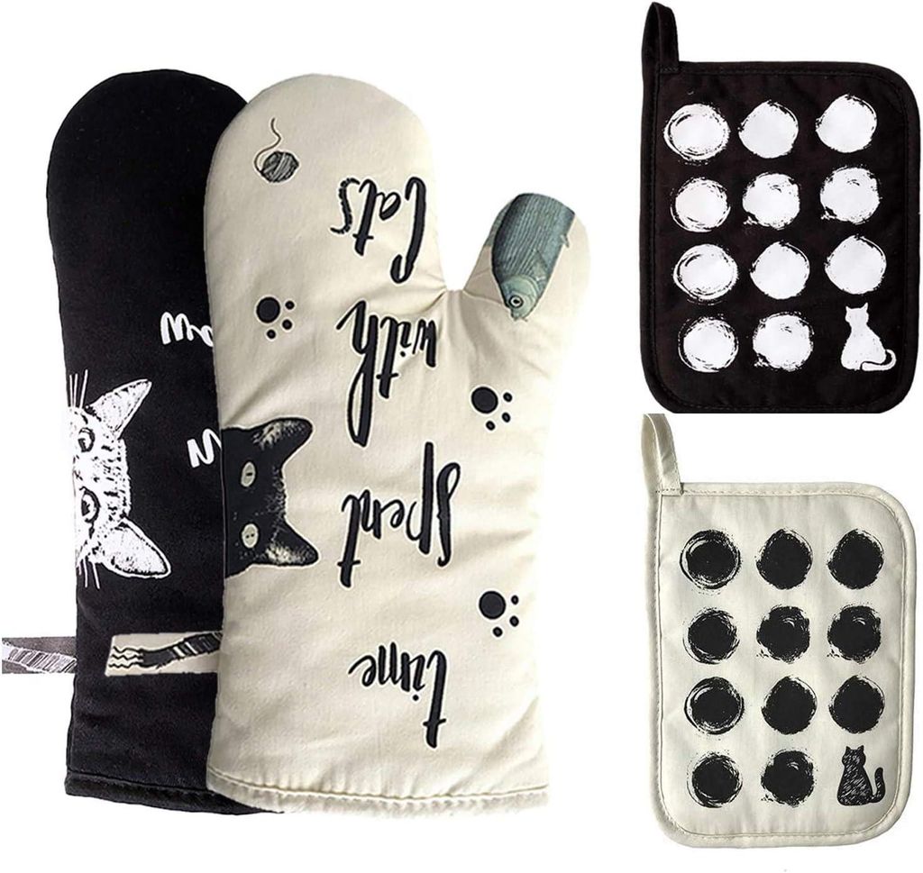 4-teiliges Set (Handschuhe + Ofenhandschuhe) für Katzenliebhaber, hitzebeständig, zum Kochen/Backen