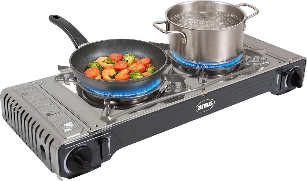 Amig - Camping Gas Kocher CAMP02, Tragbare Küche, 2X Brenner, Inklusive Grillplatte Aluminiumguss, Edelstahl, 2,2 kW Leistung x 2, Kompatibel mit