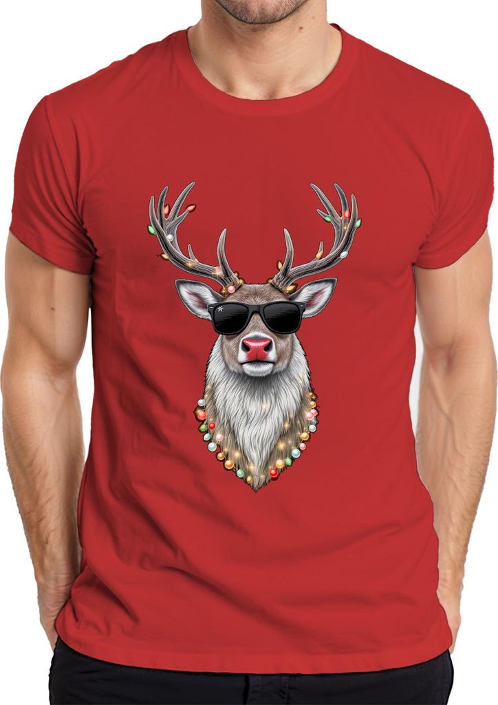 Weihnachten Rentier Sonnenbrille Lichterkette Rudolph Cool Retro Herren T-Shirt, Rot, 3XL