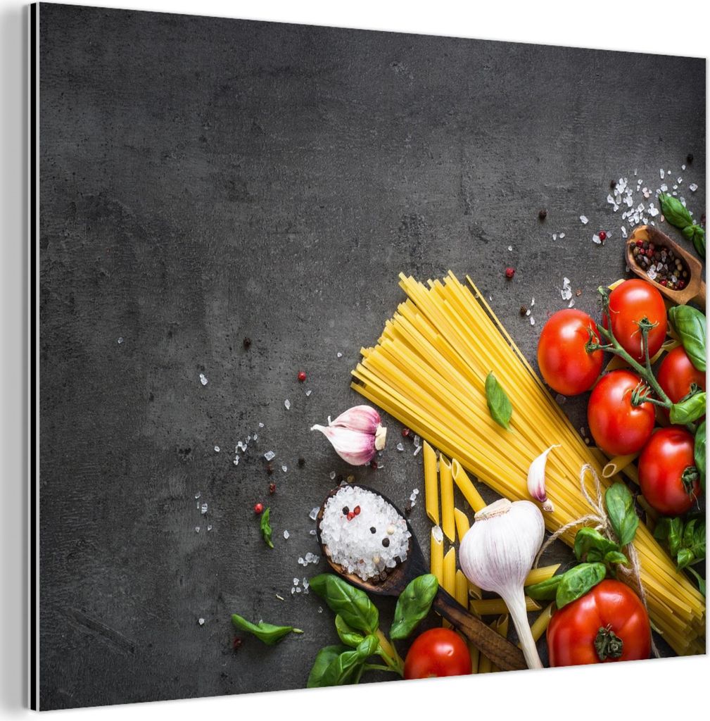 MuchoWow Wanddekoration Metall Metallbild Wandkunst 80x60 cm Nudeln - Kräuter - Tomate - Gewürze - Rustikal MuchoWow Aluminium Gemälde - Alubild