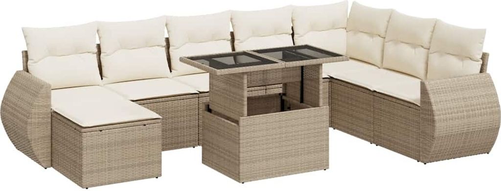 vidaXL 9-tlg. Garten-Sofagarnitur mit Kissen Beige Poly Rattan