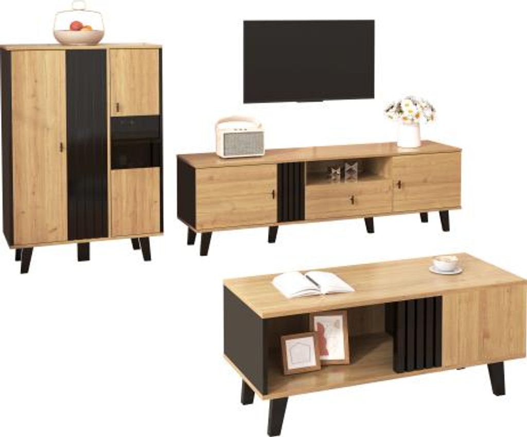 AIORBER Wohnzimmermöbel Set 3-teilig, Couchtisch, TV-Schrank & Sideboard, Holz/Schwarz, LED, Stauraum, modern