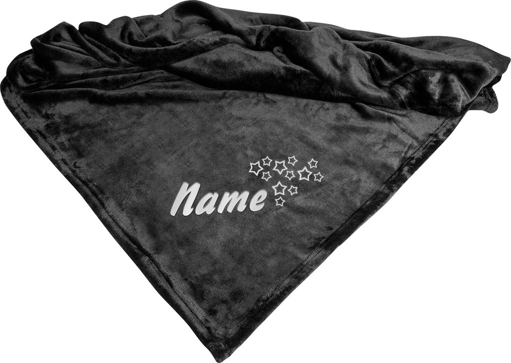 Schecker Mikrofaserdecke Premium Motiv: Sterne mit Name - Schwarz - 150 cm x 95 cm bestickt mit dem Namen Ihres Hundes