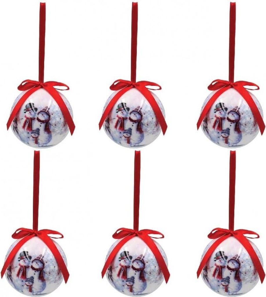 Sechs bezaubernde Kugeln "Schneemänner" für den Weihnachtsbaum in einer schönen Geschenkbox mit Deckel