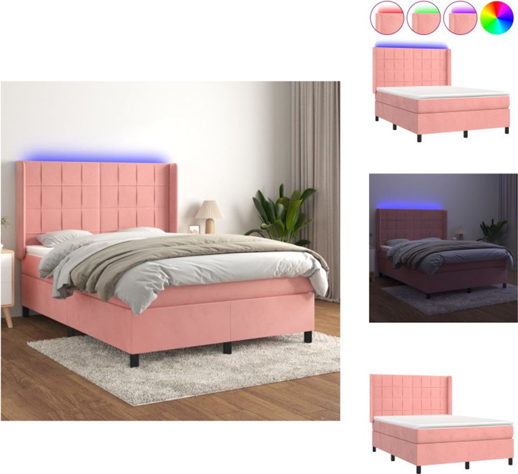 vidaXL Boxspringbett mit Matratze & LED Rosa 140x190 cm Samt - Betten & Bettgestelle
