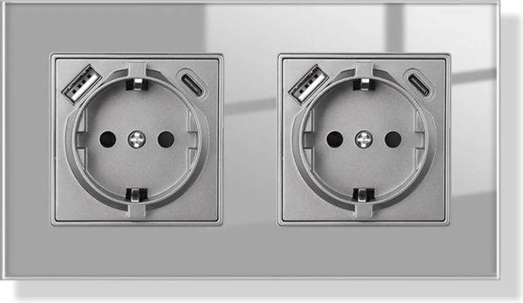 Prise de Courant Double avec USB en Verre Gris 157x86mm pour Maison